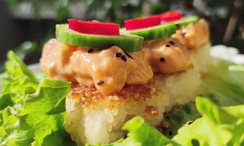 Crispy Rice With Spicy Salmon, Spinach Gomaae & Kombu Tsukudani