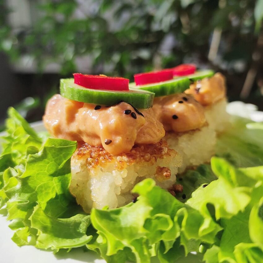 Crispy Rice With Spicy Salmon, Spinach Gomaae & Kombu Tsukudani