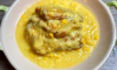 Fried Fish Filet In Creamy Corn Sauce On Rice