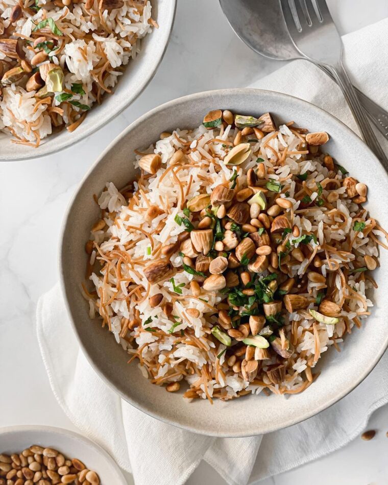 Lebanese Rice With Vermicelli Topped With A Pile Of Toasted Nuts