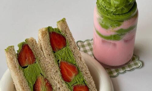 Matcha Strawberry Sando W/ Matcha Dalgona Strawberry Latte
