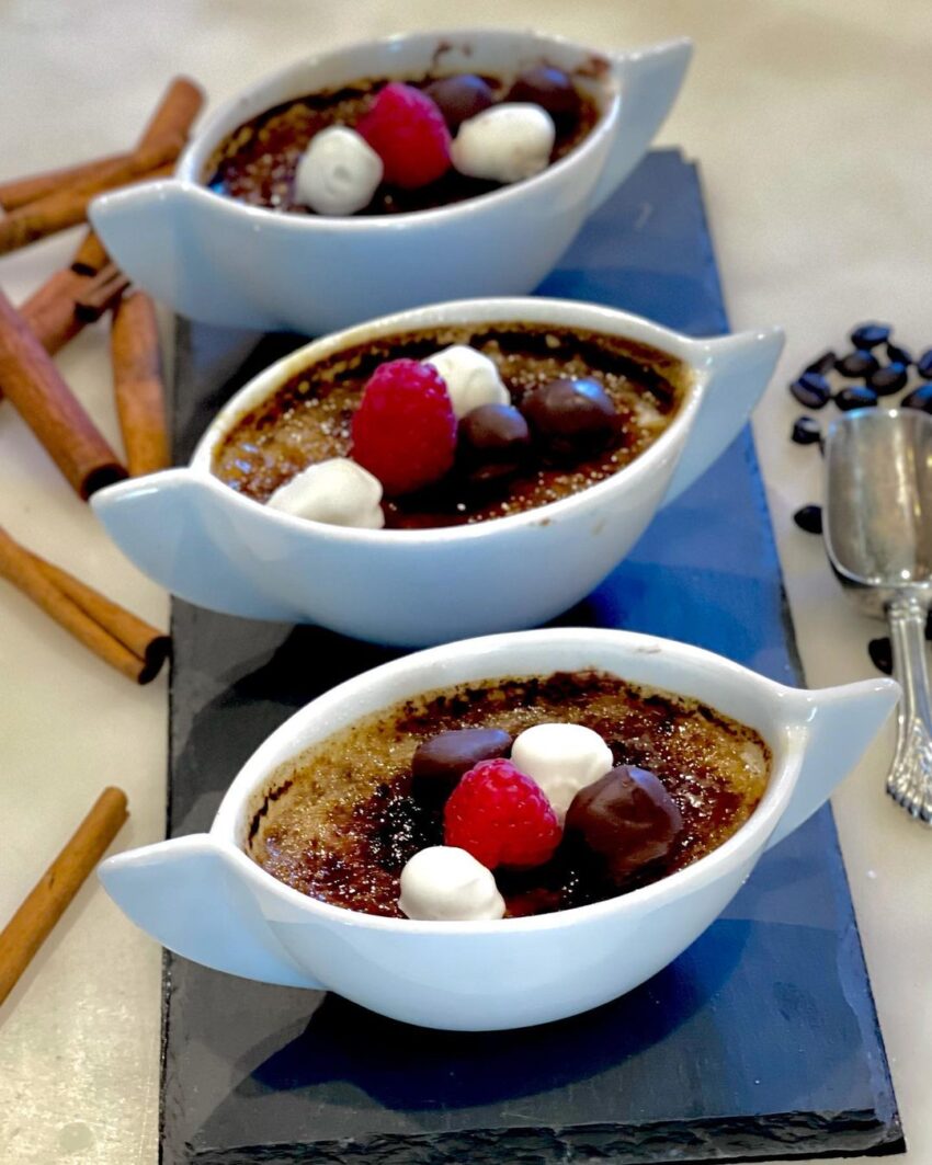 Coffee Cinnamon Creme Brûlée With Chocolate Covered Coffee Beans