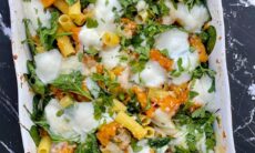 Honey Roasted Butternut Squash And Fresh Spinach Pasta Bake With Torn Buffalo Mozzarellla And Parmesan
