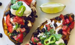 Roasted And Stuffed Sweet Potato With Pulled Chicken Black Beans Fresh Tomato Salsa And Lebne