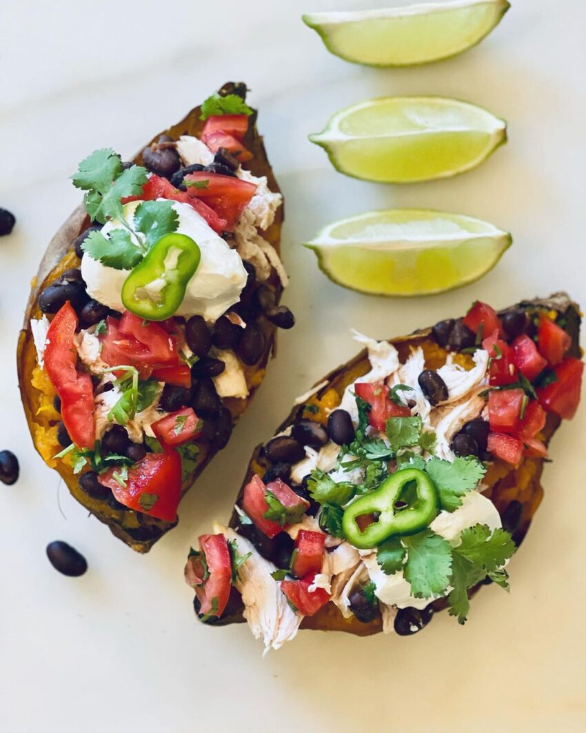 Roasted And Stuffed Sweet Potato With Pulled Chicken Black Beans Fresh Tomato Salsa And Lebne