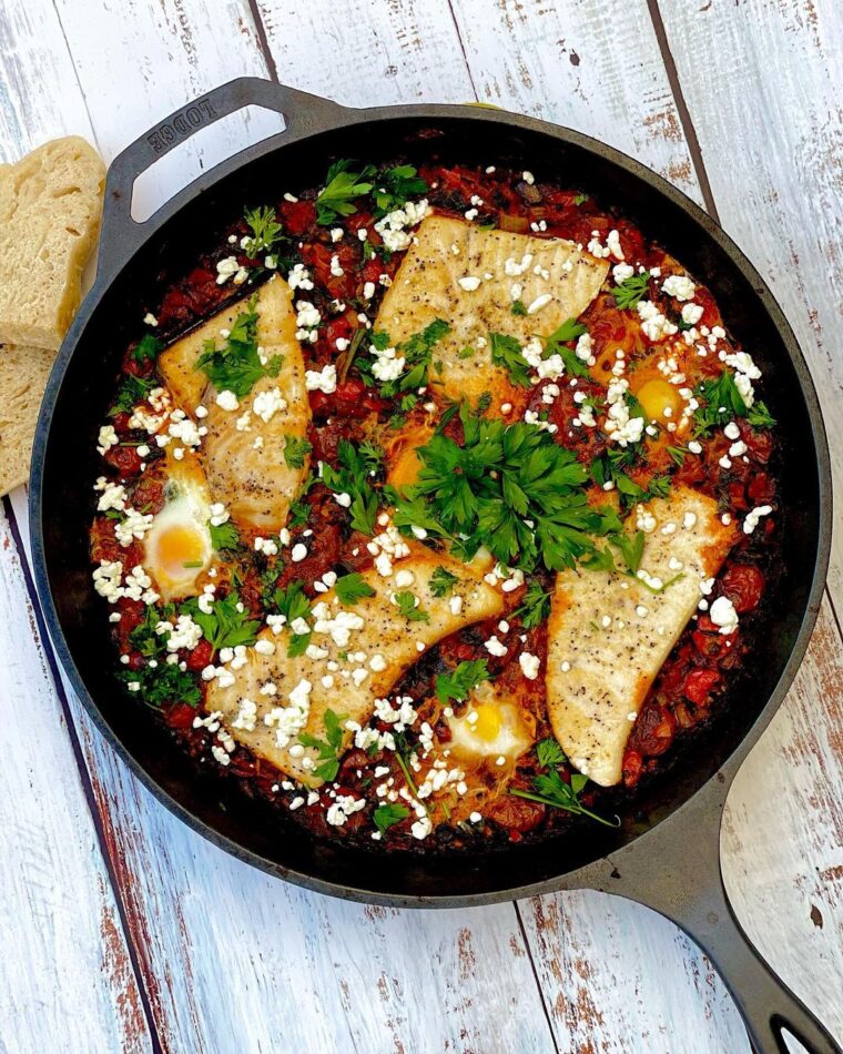 Cherry Tomato Shakshuka With Seared Swordfish