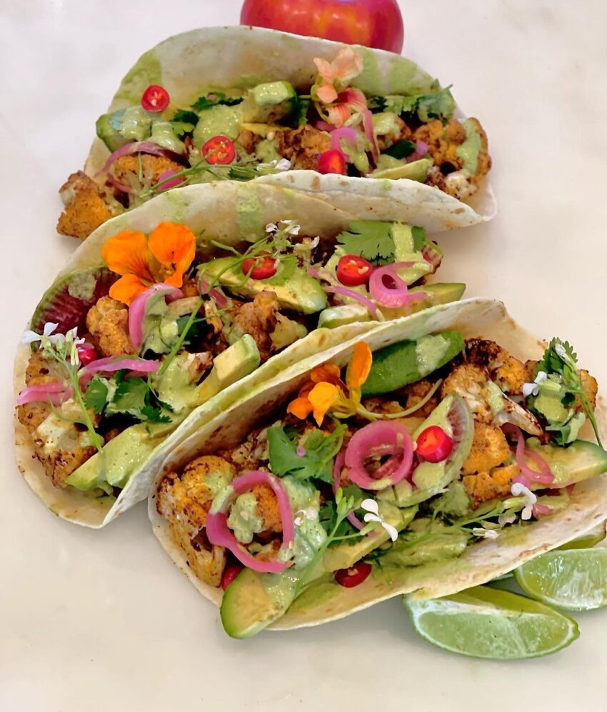 Roasted Cauliflower Tacos With A Creamy Chipotle And Cilantro Lime Drizzle