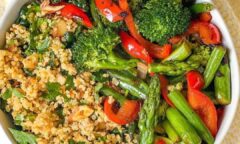 Roasted Veggie Quinoa Spicy Lemon Herb Tahini