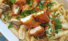 Reamy Mushroom Pasta With Chicken Schnitzel