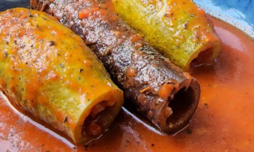 Stuffed Zuchinni And Eggplant In A Tomato Garlic Mint Broth