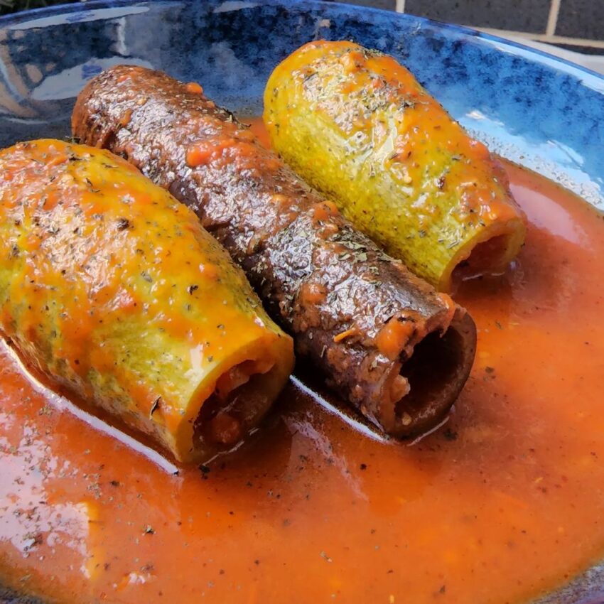 Stuffed Zuchinni And Eggplant In A Tomato Garlic Mint Broth