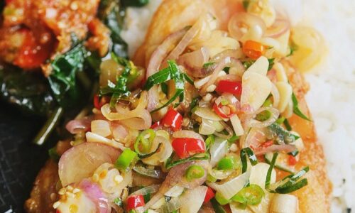 Pan Fried Red Snapper Paired Balinese Sambal Matah And Plecing Kangkung