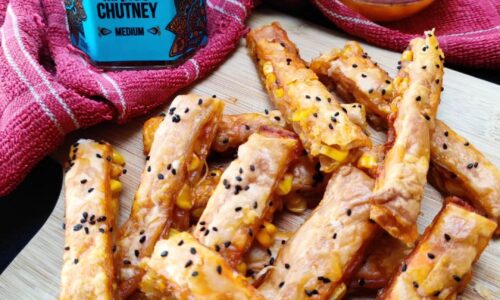 Masala Corn Pastry Sticks With Mango Chutney