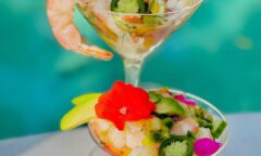 Shrimp & Mango Ceviche Served In A Martini Glass With Cucumber & Tri-color Peppers