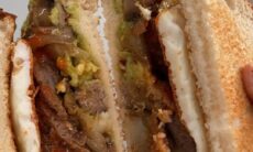 Steak Sandwich With Smashed Avocado, Caramelised Onions And Mushrooms