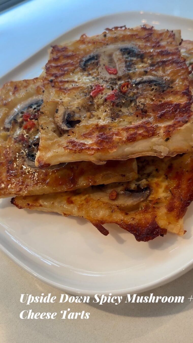 Upside Down Spicy Mushroom Cheese Puff Pastry Tarts